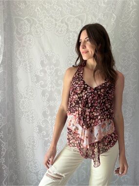 Frederick’s Of Hollywood Floral Handkerchief Halter Tank Top Y2K Large